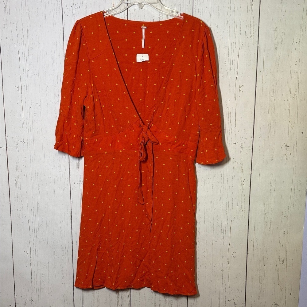 Free People All Yours Orange Yellow Polka Dot Statement Sleeve Tie Dress Size 10 - Picture 2 of 6